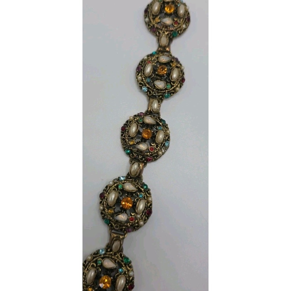 Vintage 50s Selro Selini Rhinestone Faux Pearl Link Bracelet Victorian Revival
